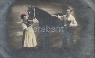 9 db régi ló motívumú képeslap / 9 old motive cards, horse, couple