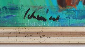 Schéner Mihály (1923-2009): Huszárok. Olaj, farost, keretben, 50×70 cm