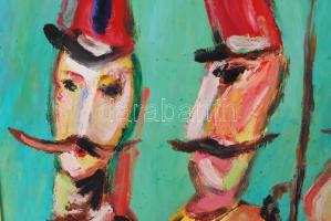 Schéner Mihály (1923-2009): Huszárok. Olaj, farost, keretben, 50×70 cm