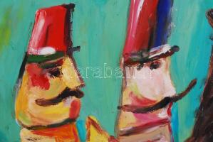 Schéner Mihály (1923-2009): Huszárok. Olaj, farost, keretben, 50×70 cm