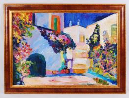 Schéner Mihály (1923-2009):  Mediterrán ház részlet. Olaj, farost, keretben, 50×70 cm