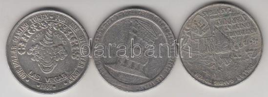 Amerikai Egyesült Államok / Las Vegas DN 3db különféle fém zseton T:3 USA/Las Vegas ND 3pcs of different metal gaming tokens C:F