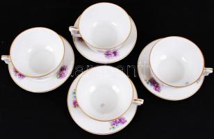 4 db virágmintás teás csésze Hüttl Budapest jelzéssel, és a hozzájuk tartozó 4 tányér, egyik csésze ...