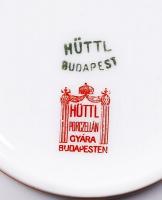 4 db virágmintás teás csésze Hüttl Budapest jelzéssel, és a hozzájuk tartozó 4 tányér, egyik csésze ...