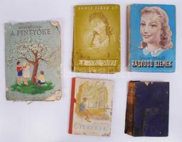Vegyes könyv tétel-Gausz Tibor: Ragyogó szemek (Bp., 1941, Korda, kopottas papírkötés), A jeggyűrűért! (Bp., 1941, Korda, szakadozott papírkötés), Szederkényi Anna: Amíg egy asszony eljut odáig (Bp., 1916, Athenaeum, sérült gerincű kopottas kartonált kötés), Anna Seghers: Gyerekek (kartonált, félvászon, kopottas), Mogilevszkaja: A pintyőke.