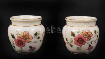Zsolnay virág mintás mini kaspó pár, kézzel festett, jelzett, hibátlan, m:6 cm (2×)/ Zsolnay porcelain mini vase paar