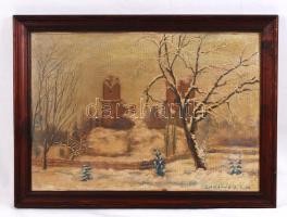 Lakatos L. jelzéssel:A Diósgyőri várrom télen. Olaj, farost, keretben, 34×48 cm