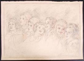 Prihoda István (1891-1965): Gyerekek. Tanulmány rajz. Ceruza, papír, jelzett, 30×42 cm