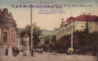 Dés, Dej; M. kir. állami főgimnázium, Medgyesi Lajos kiadása / grammar school, street view + K.u.K. Baukompagnie 4/8 (EB)