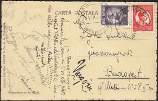 1933 A Ferencvárosi (FTC) futball csapat bukaresti útjáról hazaküldött képeslap a tagok saját kezű aláírásával