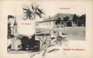 Városhidvég, Szabadhídvég; nagyvendéglő, református templom, floral (fl)