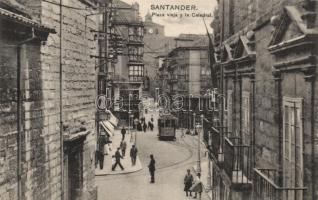 Santander, Plaza vieja y la Catedral. casa Fuertes / street view with cathedral, tram