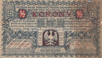 Lengyelország / Krakkó 1919. 1/2K T:III- foltos, szakadás
Poland / Krakow 1919. 1/2 Korony C:VG stai...