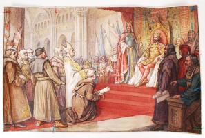 Helbing Ferenc (1870-1958):A korona bemutatása. Színezett kőnyomat, papír, restaurált, jelzett a nyomaton, 48×88 cm