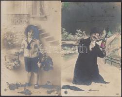 5 db régi motívumlap: gyerek, üdvözlő, és első világháborús francia katonai zászló motívum lapok / 5...