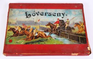 CCa 1930 Lóverseny társasjáték, hiányos, sérült dobozban, 32×45 cm