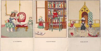 "Egy jó kislány viselt dolgai" Kozma Lajos 3 db szép Art Deco lap (Kner kiadás)