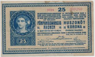 1918. 25K "3024" hullámos hátlap "BUDAPEST VIDÉKI M.KIR. PÉNZÜGYIGAZGATÓSÁG" felülbélyegzéssel T:III