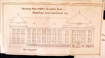 1926 Győr, a győri Gárdonyi Géza polgári fiúiskola kézzel rajzolt, színezett részletes tervrajza