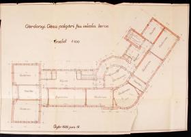 1926 Győr, a győri Gárdonyi Géza polgári fiúiskola kézzel rajzolt, színezett részletes tervrajza