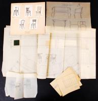 1926 Győr, a Gárdonyi Géza polgári fiúiskola berendezési tárgyainak kézzel készített tervrajzai, főként pauszpapíron a Lőwy-féle bútorgyártól.