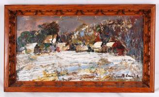 Bényi László (1909-2004): Hófödte falu. Olaj, farost, jelzett, keretben, 23×43 cm