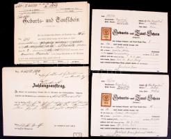 1857-1930 Német nyelvű vegyes iratok: fizetési megbízás;, születési és keresztelési bizonyítvány (3 db) okmánybélyegekkel, pecséttel, 4 db.