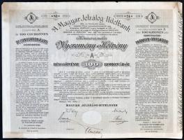 1906 Bp., A Magyar Jelzálog- és Hitelbank által kiállított 100 koronás nyereménykötvénye francia, magyar és német nyelven a bank szárazpecsétjével.