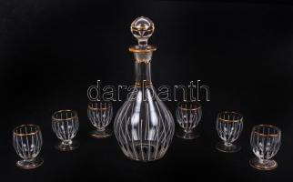Festett, aranyozott likőrös készlet: palack dugóval és 6 db pohár, hibátlan, m:22 cm, m:5 cm /  Liqueur set: bottle with cork and 6 glasses,