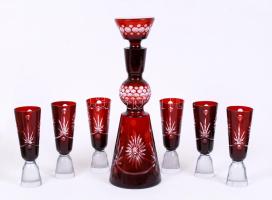 Likőrös készlet: palack dugóval és 6 db pohár, többrétegű, hibátlan, m:32 cm, m:16 cm /  Liqueur set: bottle with cork and 6 glasses,