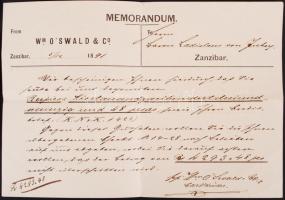 1891-1892 báró Inkey László nevére kiállított zanzibari memorandum, átvételi elismervény