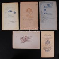 cca 1900-1920 Régi, keményhátú kabinetfotók szép grafikai hátlapokkal, 5 db, 21x13 és 19x10 cm közöt...