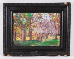 Olvashatatlan jelzéssel: Ősz a téren. Tempera, farost, keretben, 34x27 cm.