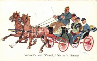 Verkaufts mei Gwand, i fahr in n Himmel! B.K.W.I. Serie 927-4 / Horse cart, humour, s: Schönpflug (EK) 