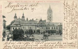 Nagybánya, Főtér, Szent István torony; Kovács Gyula kiadása / main square, shops