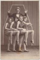 cca 1930-1940 Táncos lányok egy pesti lokálból,  tánctanárral, hidegpecséttel jelzett, halványbarna folt alul, 16x11 cm.