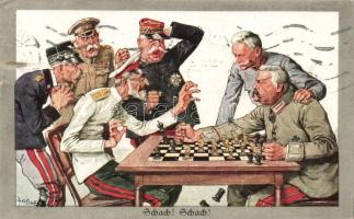 Soldiers, playing chess, humour, artist signed (b)