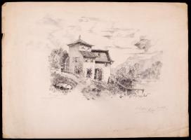 Bónis Judith: Ház a folyó mellett (1898). Ceruza, papír, jelzett, 15×21 cm