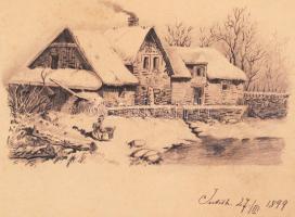 Bónis Judith: Hófedte ház (1898). Ceruza, papír, apró szakadások, jelzett, 15×21 cm
