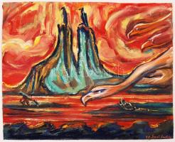 Gaál Endre (1904-?): Dögkeselyűk birodalma. Tempera, vászon, jelzett, 20×24 cm
