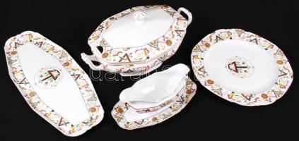 cca 1930 Epiag tálaló készlet leveses tál, két húsos tál, egy szószos geometrikus mintákkal / Egiag ...