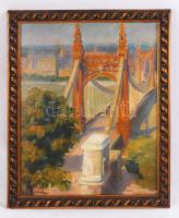 Csömöry István: A régi Erzsébet híd. Olaj, karton, jelzett, antik keretben, 39×21 cm