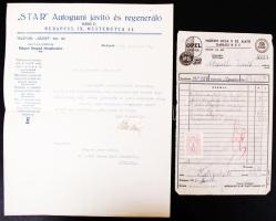 1931 Bp., "STAR" Autógumi javító és regeneráló által küldött együttérzést nyilvánító levél, 1940 Bp., Opel Sevice számla.