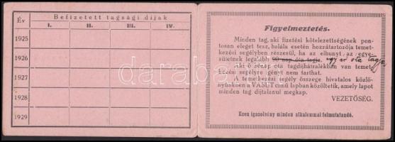 1927 Vasutasok Jótékonysági Országos Egyesülete igazolvány