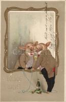 New Year, pigs, litho (EK)