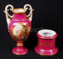 Herendi díszváza mitológiai jelenettel, kézzel festett, váza és a talapzat is jelzett (Cca 1900), re...