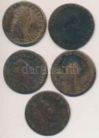 Franciaország 1655D,1656?A,1657B,1657I,1694L Liard "XIV. Lajos" (5x) T:3,3- France 1655D,1656?A,1657B,1657I,1694L Liard Cu "Louis XIV" (5x) C:F,VG