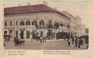 Lugos, Király utca és Széchenyi utca sarok, Hecker János hentes üzlete, Steiner Adolf és Fried Dávid üzletei / street corner, shops