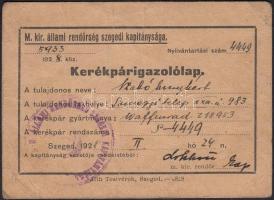 1928 Szeged, Magyar Királyi Állami Rendőrség szegedi kapitánysága által kiállított kerékpár-igazolólap.
