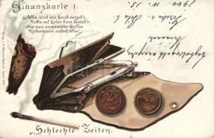 Finanzkarte 1. Schleschte Zeiten, Verlag von O. Schulte, Ösrtich / financial advice, litho